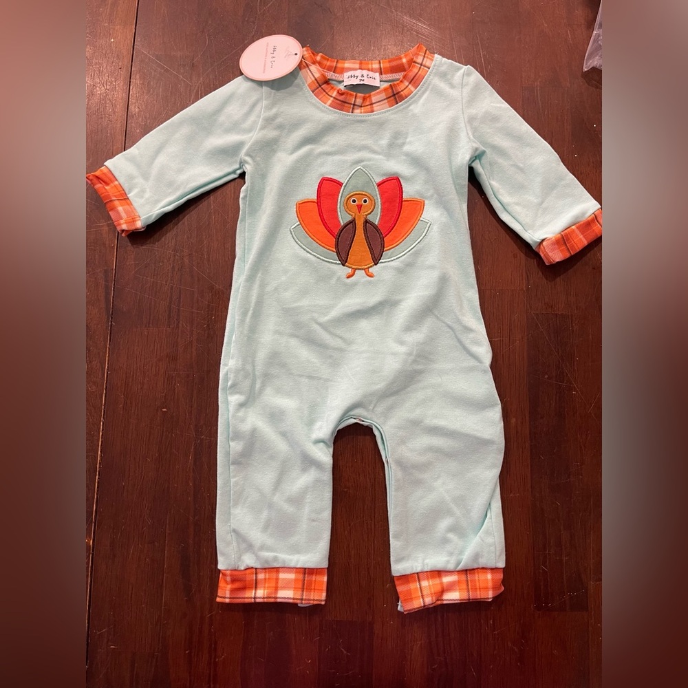 Light Blue Baby One-Piece Bodysuit with Orange Turkey Appliqué
